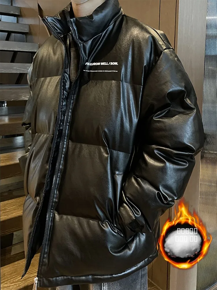 

Men's Thiened Warm Cotton Jaet Autumn Winter New Sle PU Leather Stand Collar Faionable Cold Resistant Haome Coat