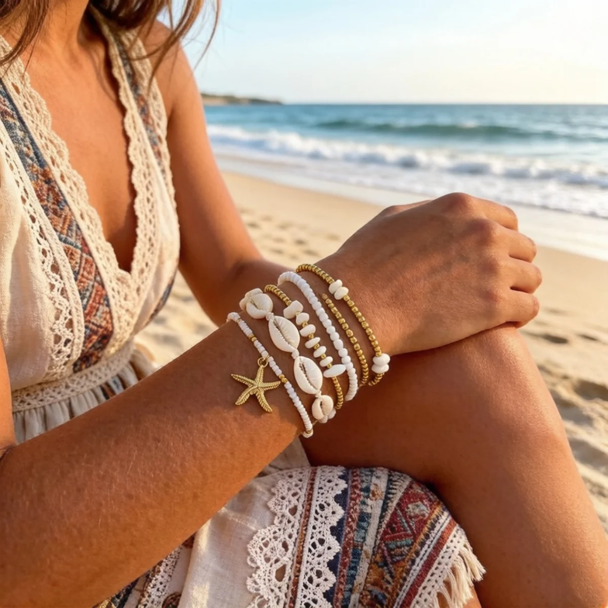 Mehrlagige Armbänder mit Seestern-Muschel- und Steinperlen für Damen und Herren, schicke Seestern-Sommer-Strand-Armreifen, stapelbarer Schmuck. – Detail 5