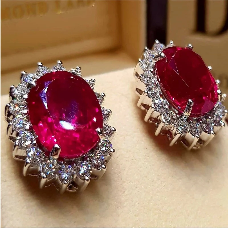 Zarte silberne ovale eingelegte rote weiße Zirkonia-Ohrstecker für Damen, modisch, Verlobung, Hochzeit, Ohrringe, Schmuck
