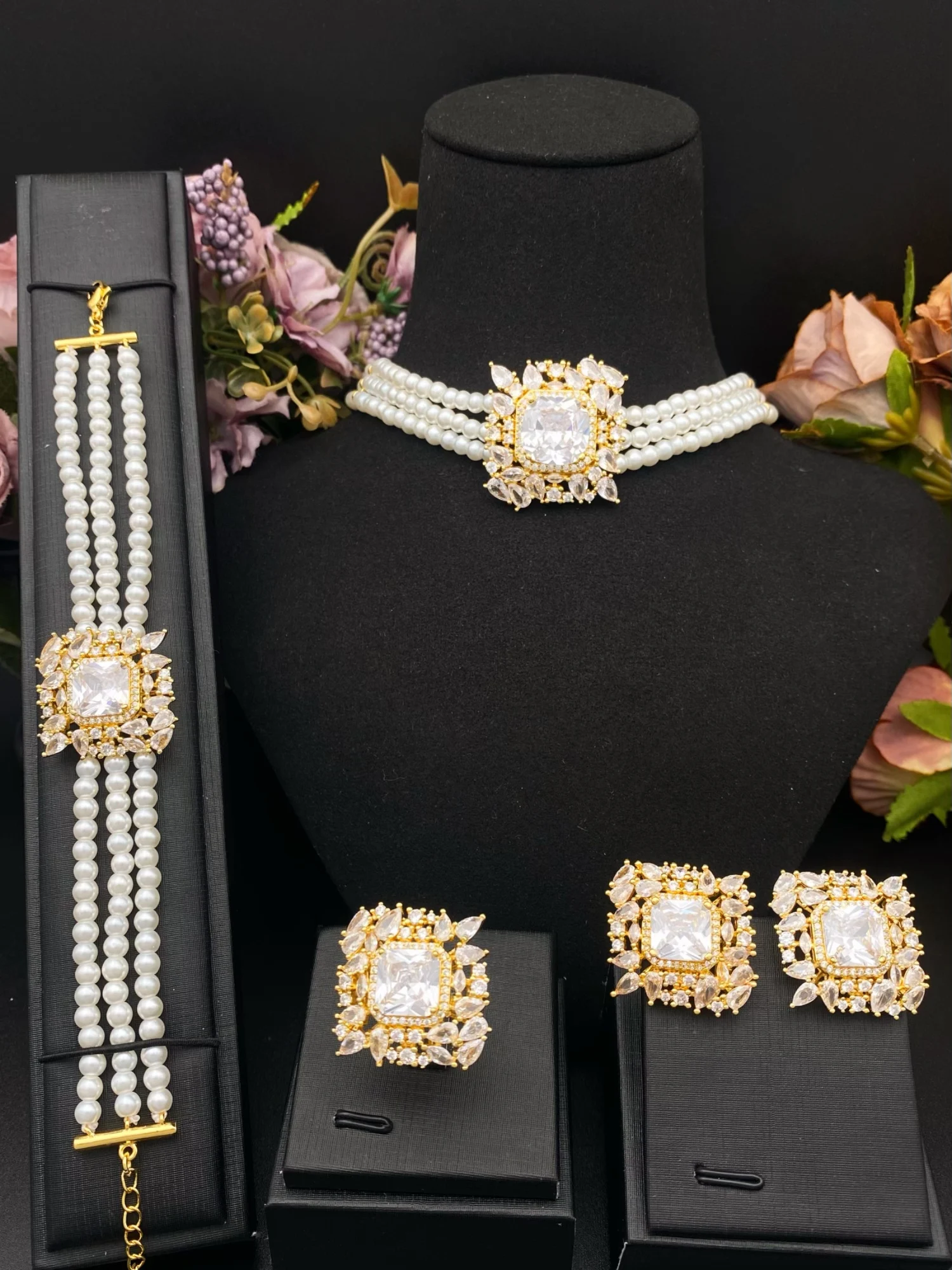 

Falair Dubai Bridal Pearl Jewelry Set for Women Handmade Necklace Earrings Bracelet Ring Luxury Gift