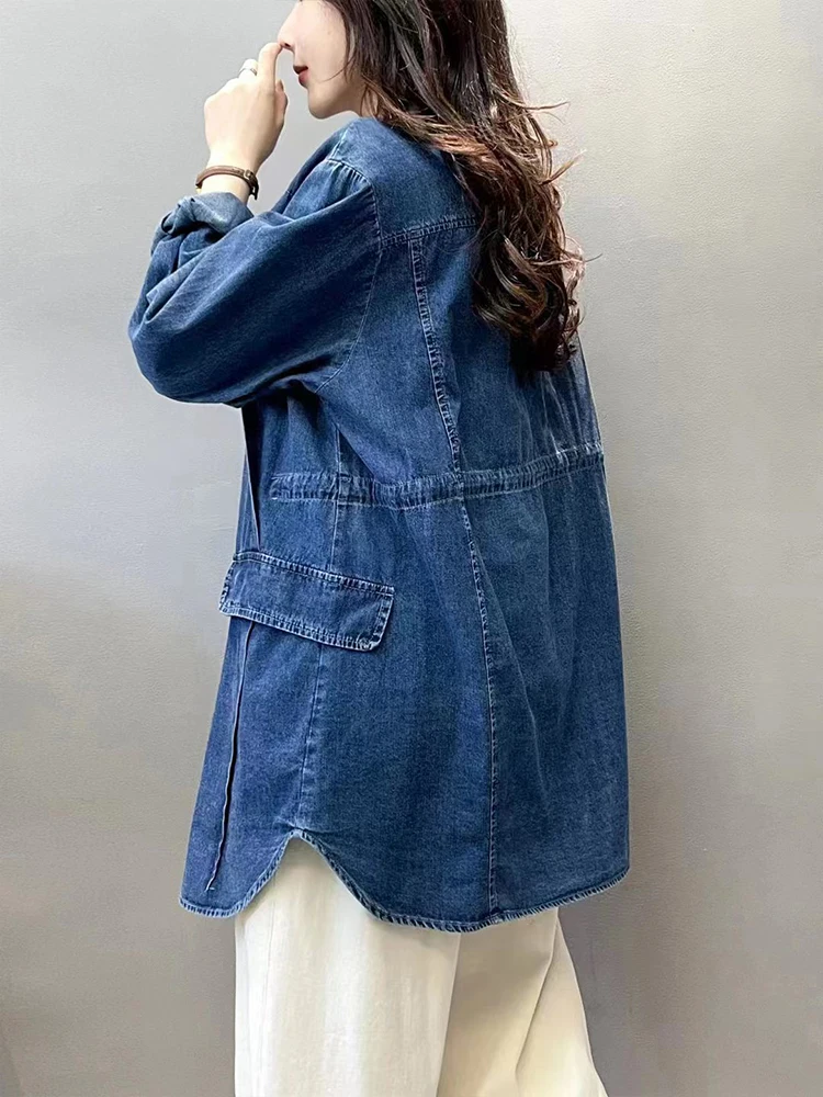 Max Lulu Frühling Damenmode Denim Trench Damen lässig bedruckte Vintage Wind breaker lose o Hals Mäntel klassische lange Kleidung