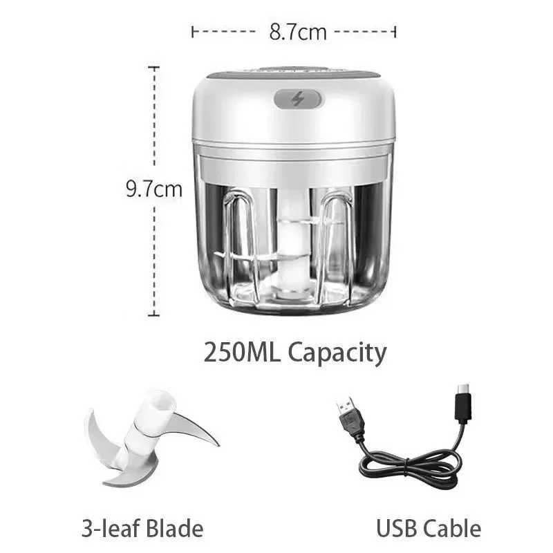 Mini Processador Elétrico de Alimentos Portátil 250 ml com lâminas de aço inox USB Bivolt