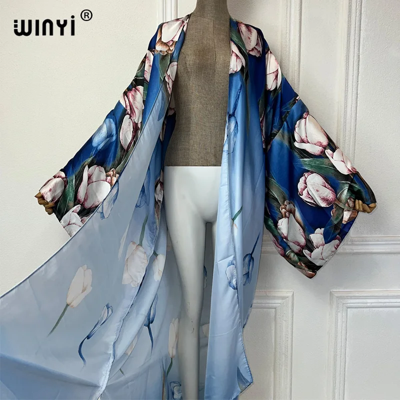 WINYI summer outfit kimono africa Flower print beach cover up free size dress cardigans beach wear women 2024 abaya dubai luxury