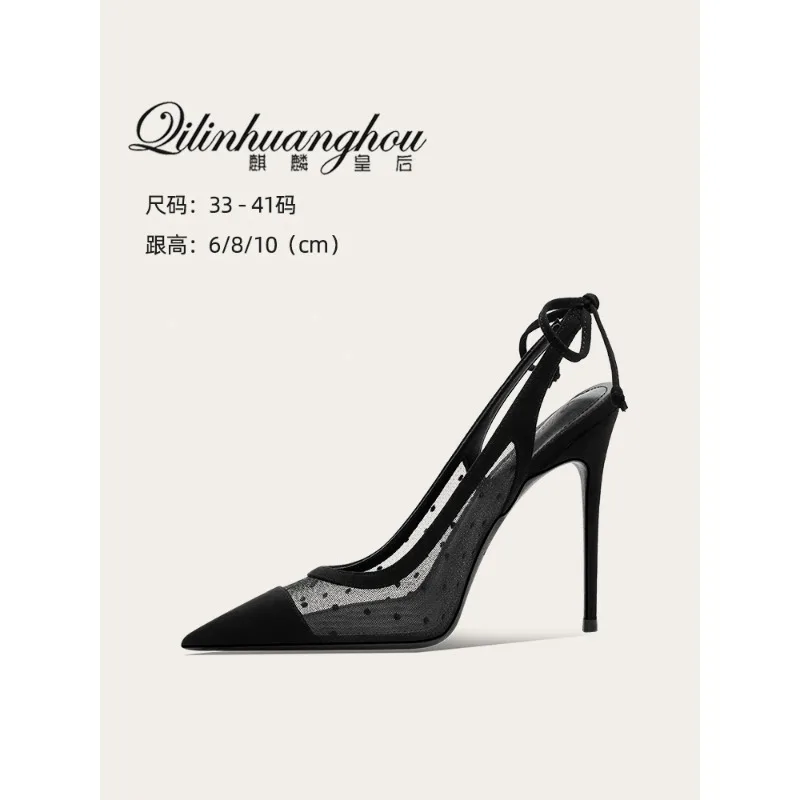 

Black mesh high heels with polka dot lace and butterfly bow strap, anti velvet pointed sandals for women, breathable and sexy