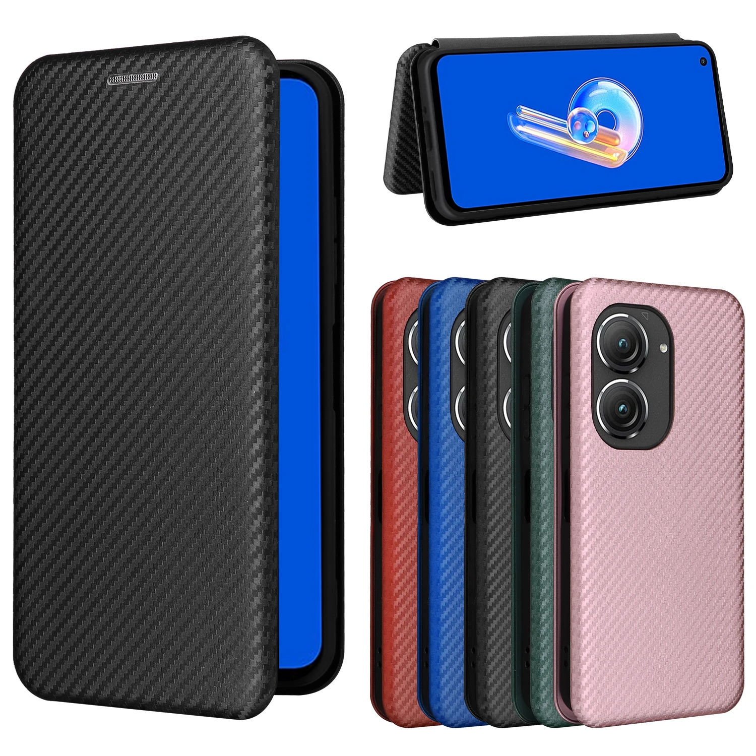 For Asus ZenFone 10 AI2302 Case Carbon Fiber Flip Leather Case For Asus ZenFone 10 Business Magnetic Wallet Card Slot Slim Cover