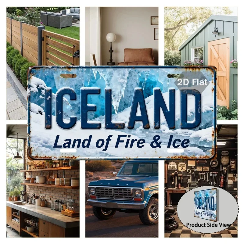Vintage Iceland Land Of Fire Ice Glacier Landscape License Plate 2D Flat Aluminum Tin Sign Wall Art Decor Garage Bar Man Cave