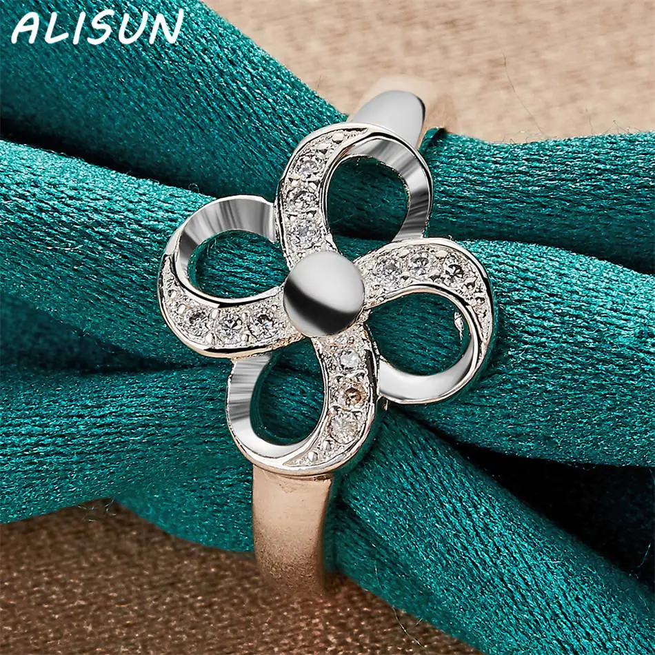 ALISUN 925 Perak Murni Ukuran 7-10 Zirkon Cincin Rumput Empat Daun untuk Wanita Perhiasan Anggun Hadiah Pesta Ulang Tahun Modis Tren