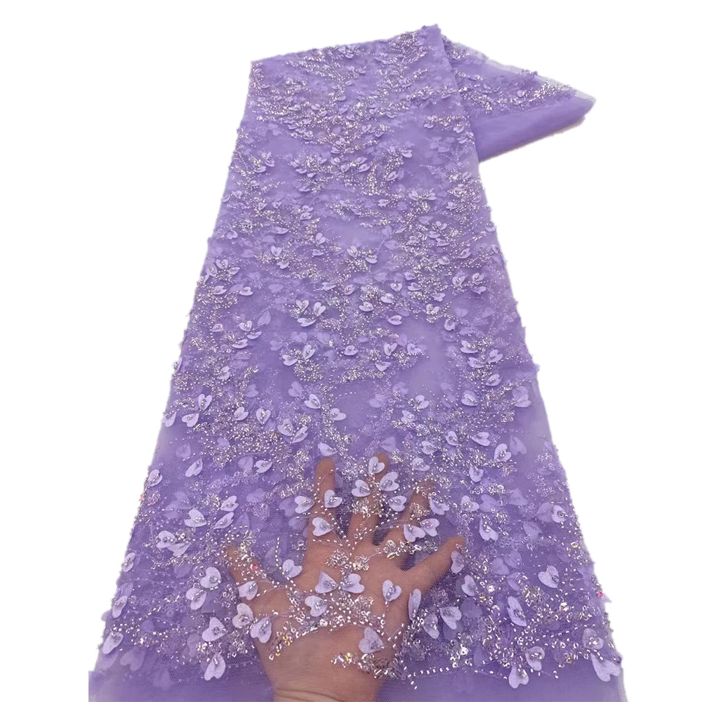 Newest Embroidery Beaded Lace Fabrics With Stones High Quality Mesh 5 Yards Fabric Luxury Beades Lace Sewing Wedding Dress Tulle