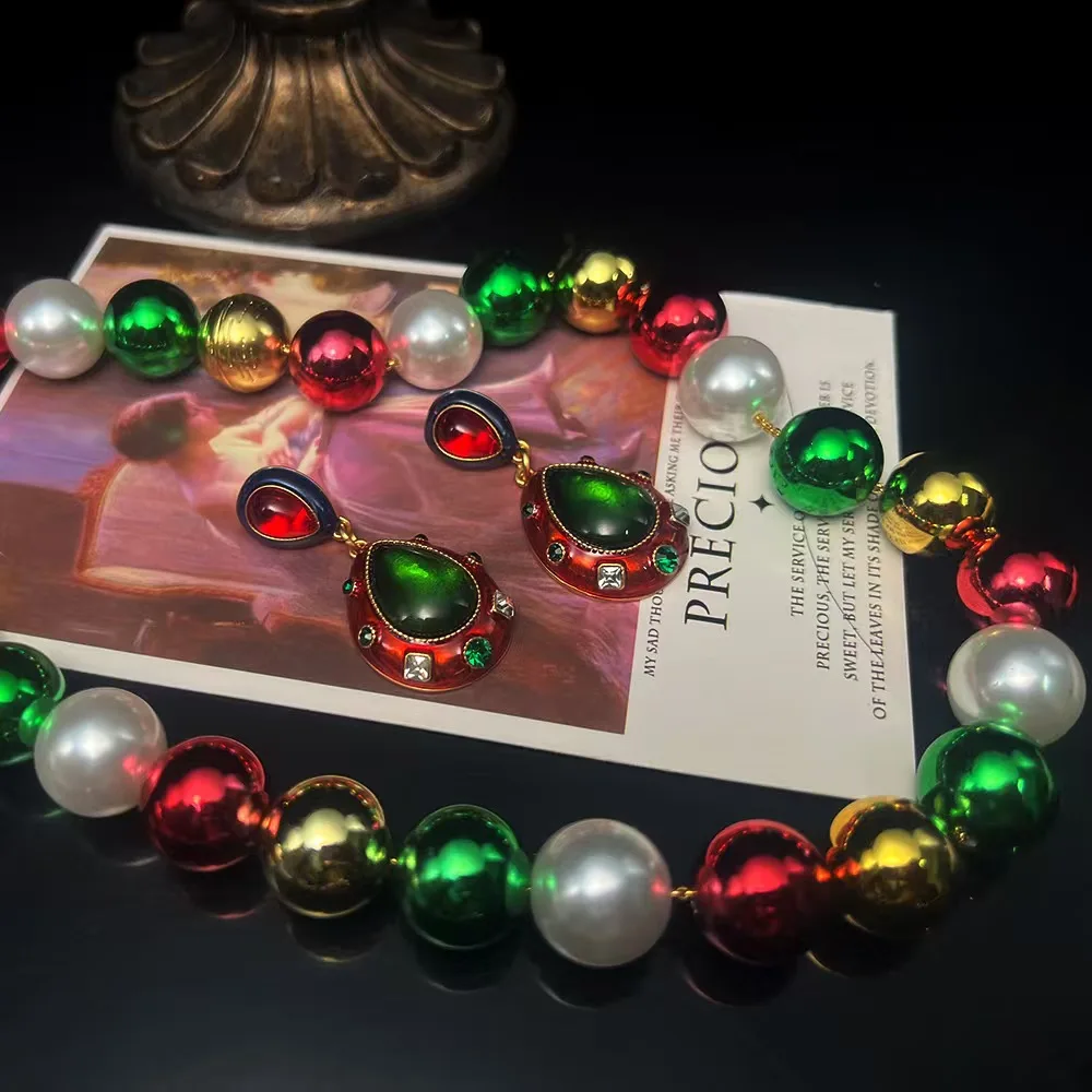 

Christmas Series Pearl Necklace Water Droplet Shaped Zircon Earrings Two Pieces Set Christmas Women's Jewelry Set High-Quality