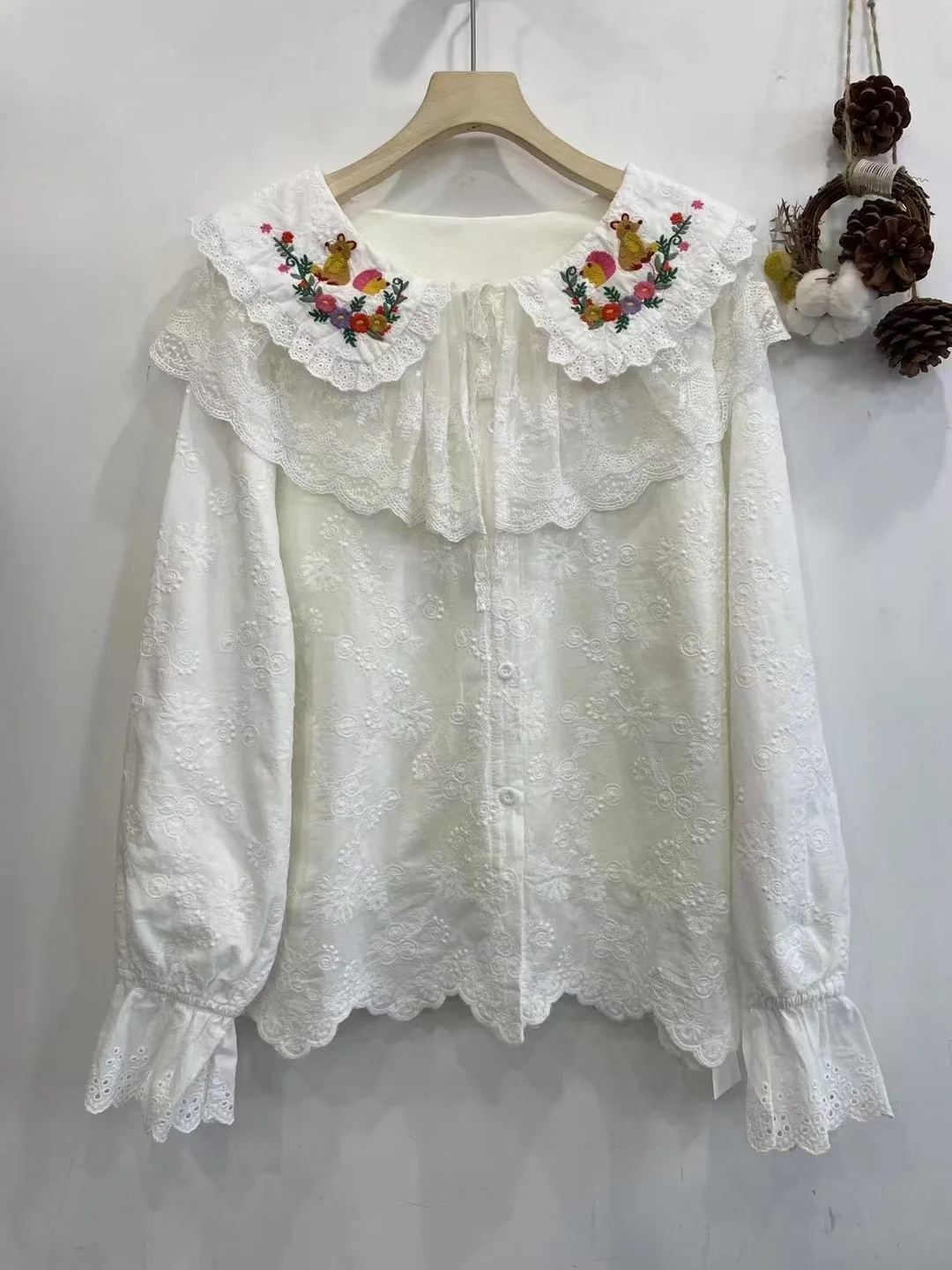 New Autumn Cotton Fleece Long Sleeve Shirt, Women Double Layered Collar Embroidery Tops, Mori Girl Loose Blouse, Winter T4D302CC