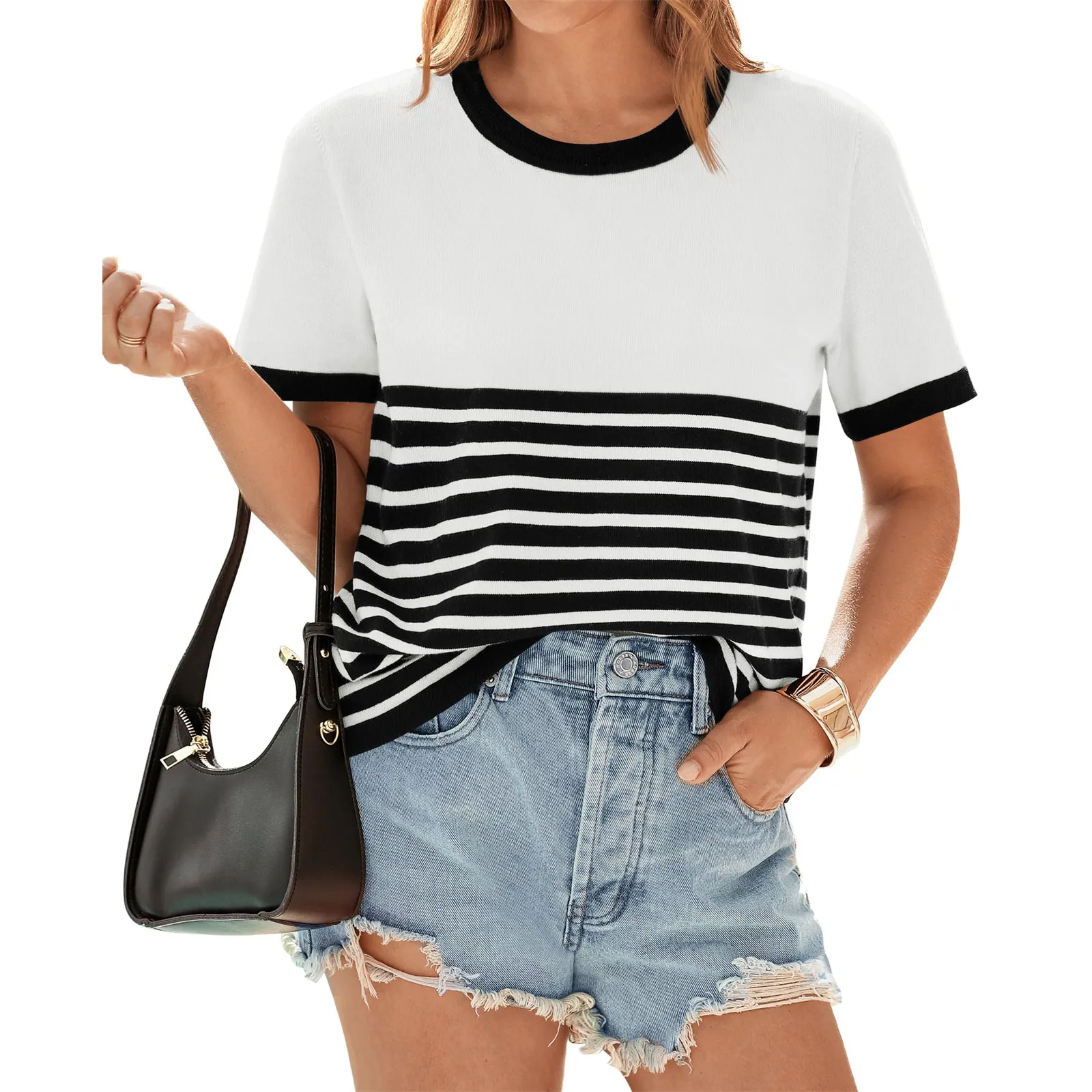 Casual Tees Women Versatile Tops Striped Patchwork Short Sleeve Ladies Shirts Summer Streetwear Female O-neck T-shirts Pullovers