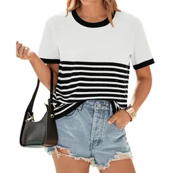 Casual Tees Women Versatile Tops Striped Patchwork Short Sleeve Ladies Shirts Summer Streetwear Female O-neck T-shirts Pullovers