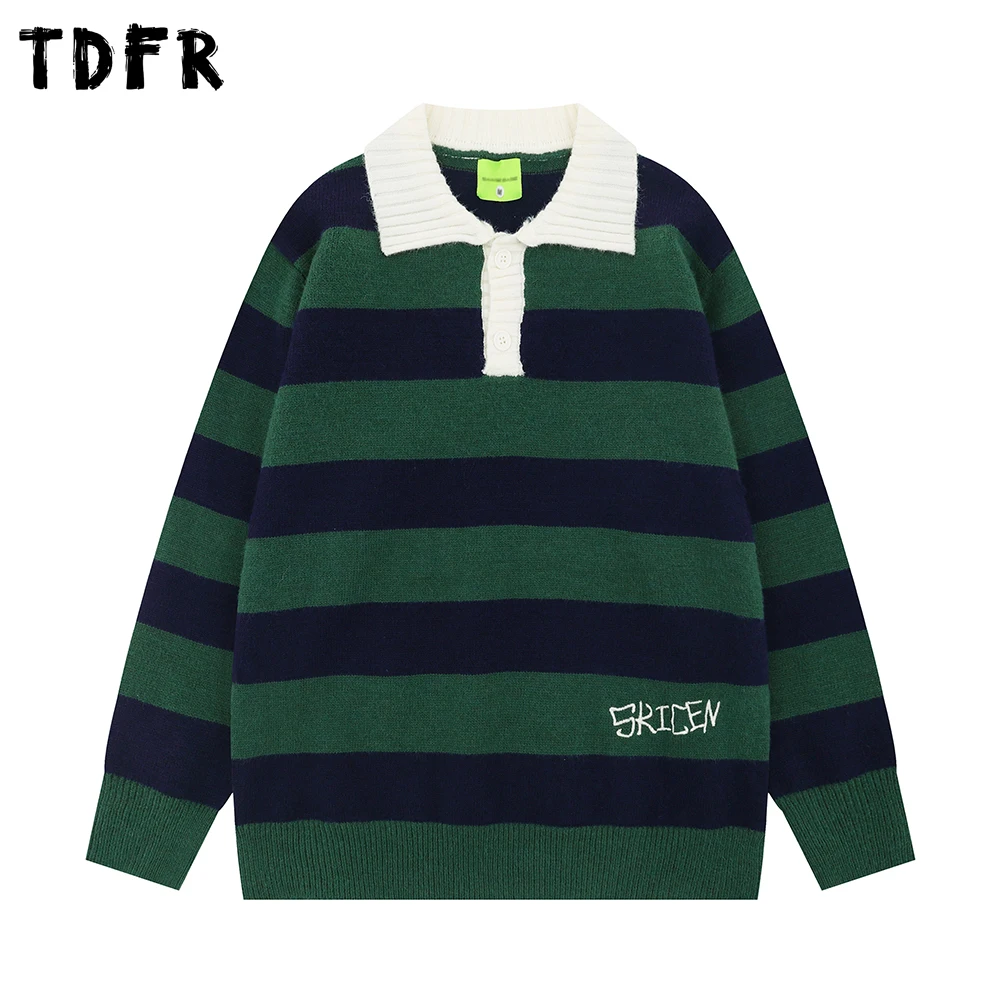 

Contrast Striped Sweater Mens Autumn Retro Loose Lapel Long Sleeve Casual Knitted Pullover Man