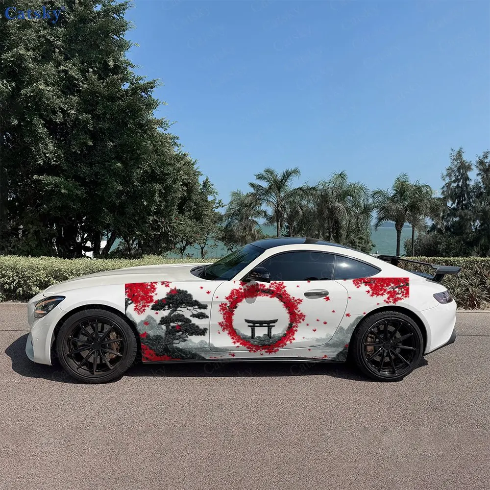 2pcs Red Moon & Maple Torii Car Side Wraps, Self-Adhesive PVC Waterproof & Scratch-Resistant Stickers, Car Accessory Gift