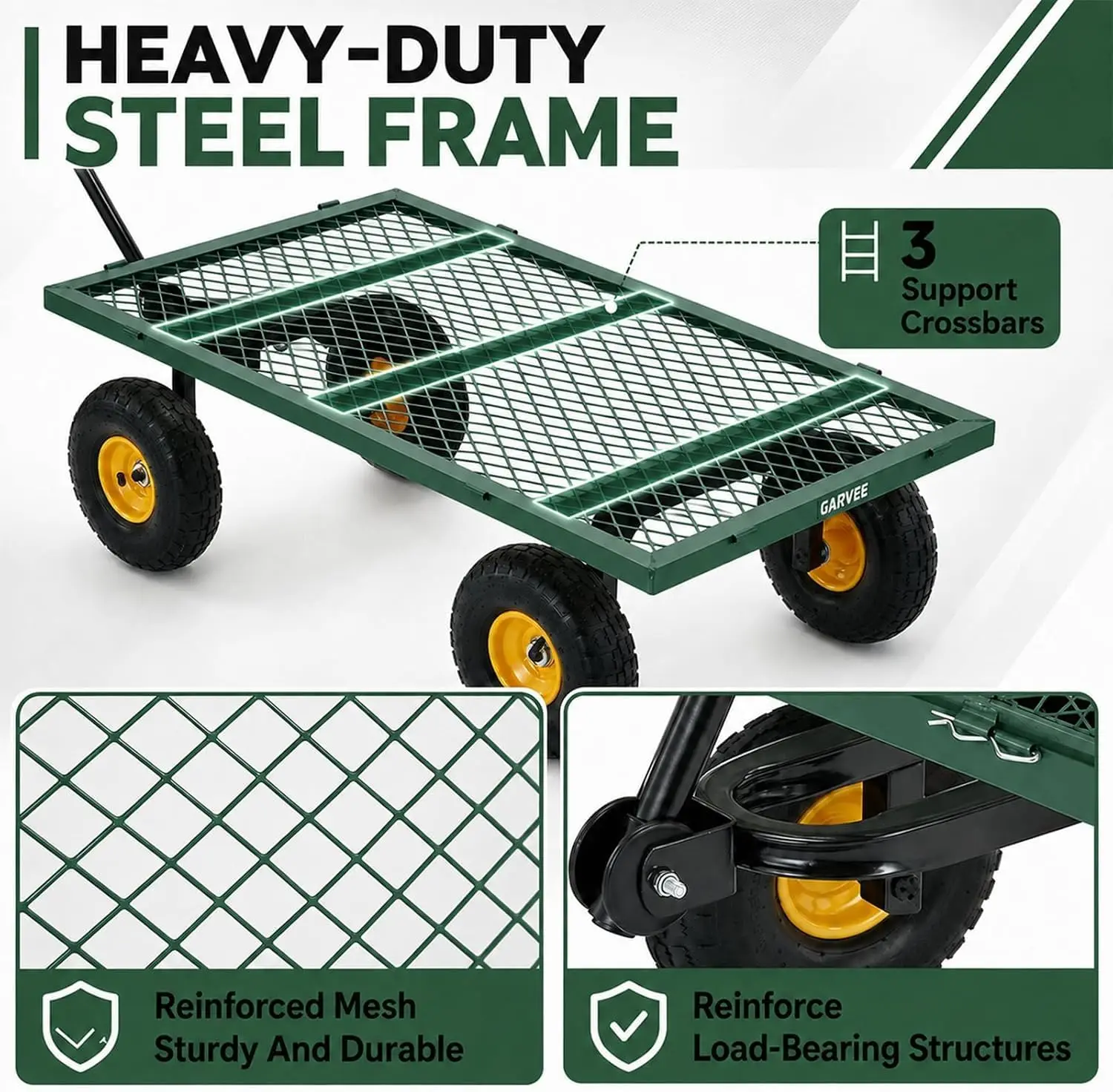 Heavy Duty Steel Garden Cart, 1100 LBS Capacity Utility Wagon with Removable Side Panels, All-Terrain Puncture Proof Rubber Tires, Adjustable Rotating Handle for Yard Firewood Farm