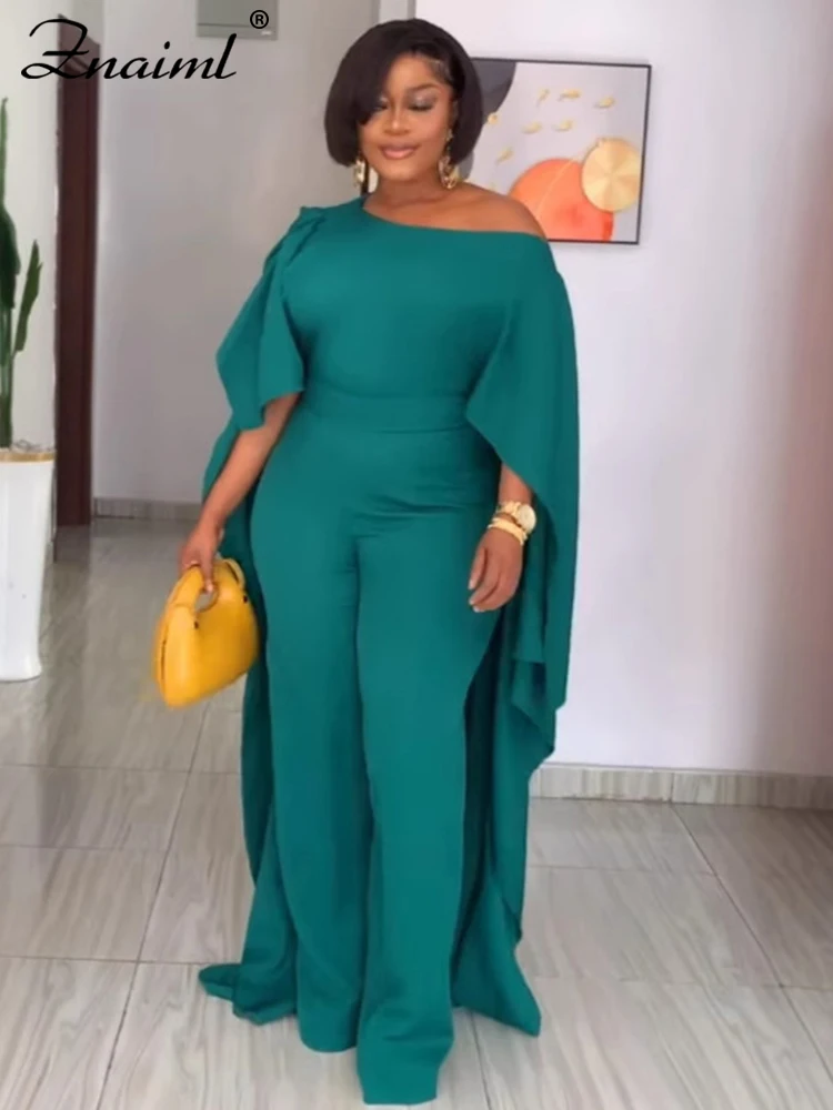 Znaiml Elegant Cloak Long Sleeve O-Neck Green Wide Leg Jumpsuits Women Damen Dubai Birthday Party African One Pieces Rompers