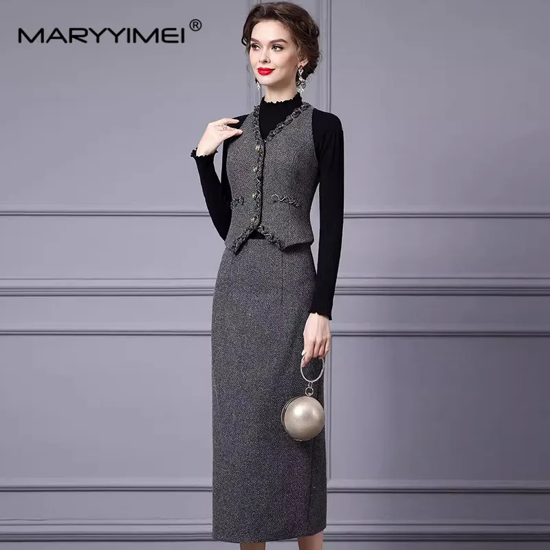 MARYYIMEI Women\'s Elegant office and Business Suit V-Neck Long-Sleeved Single-Breasted Tank Tops+Straight Skirt 2 piece set
