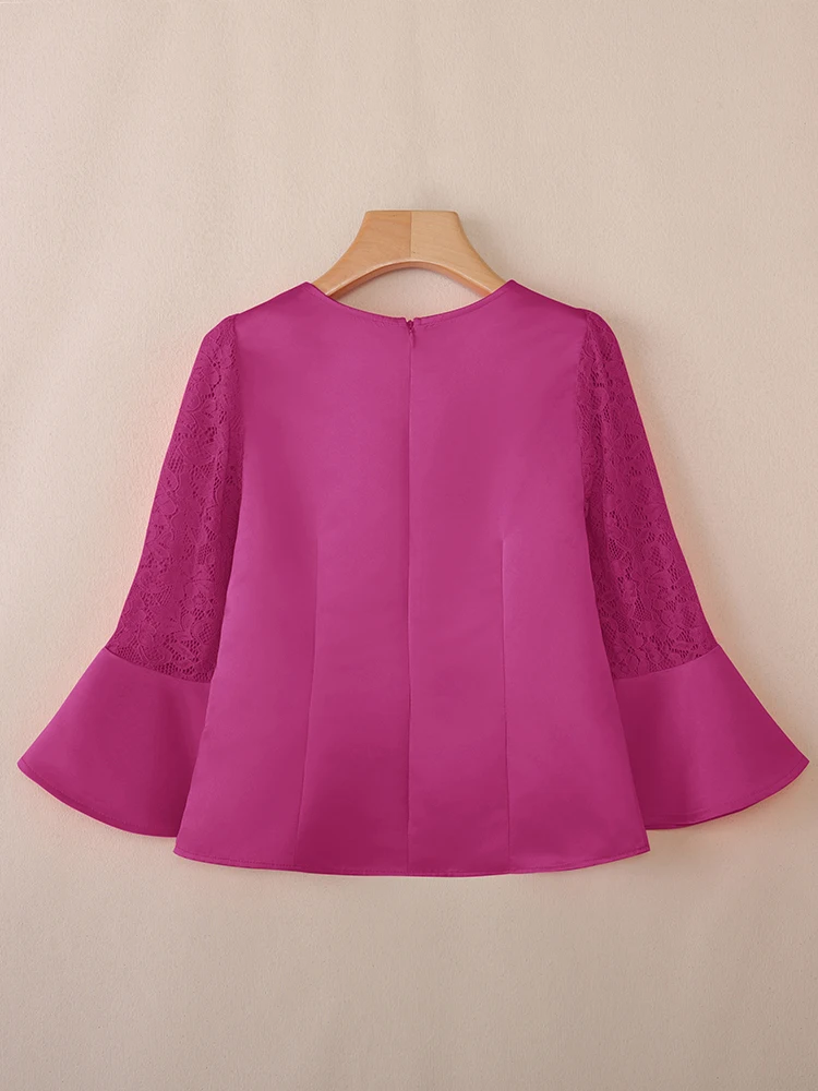 ZANZEA Donne alla moda Patchwork in pizzo Top Camicia da lavoro con maniche svasate Raso Slim Fit Blusas Tunica Femme Elegante camicetta da ufficio