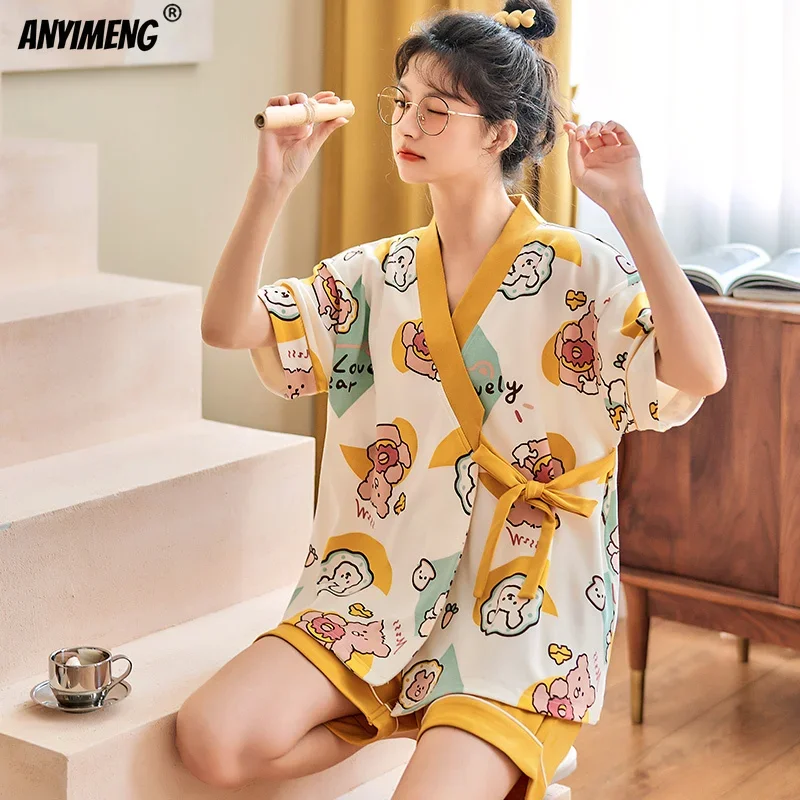 2023 New Fashion Summer Pajamas for Teen Girls Kawaii Bear Printing Soft Cotton Kimono Sleepwear Bow Ornament Pijamas for Lady