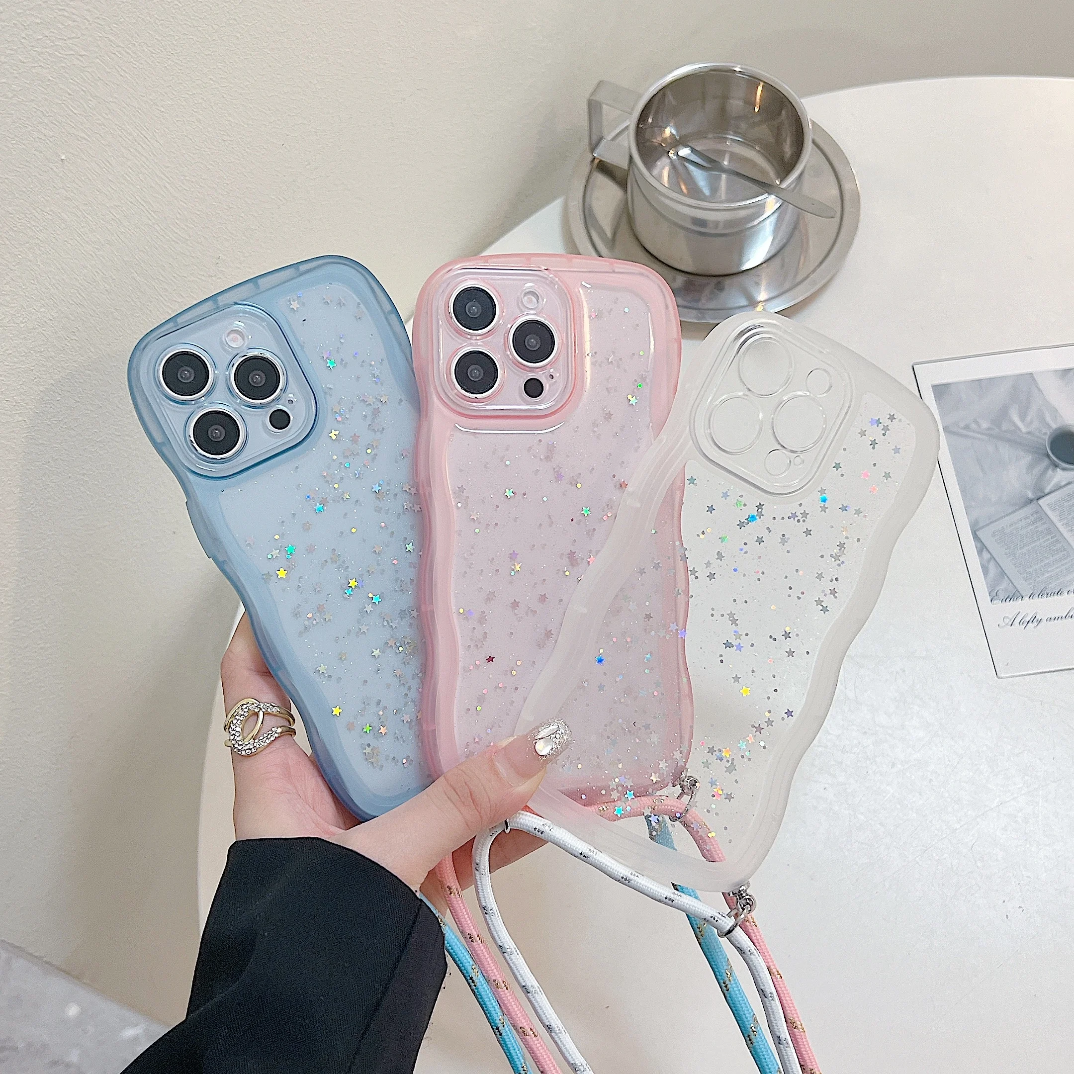 Adjustable Strap Case For Samsung Galaxy S24 Ultra S23 S22 S20 FE Note 20 A55 S21 Plus Star Glitter Crossbody Lanyard Neck Cover