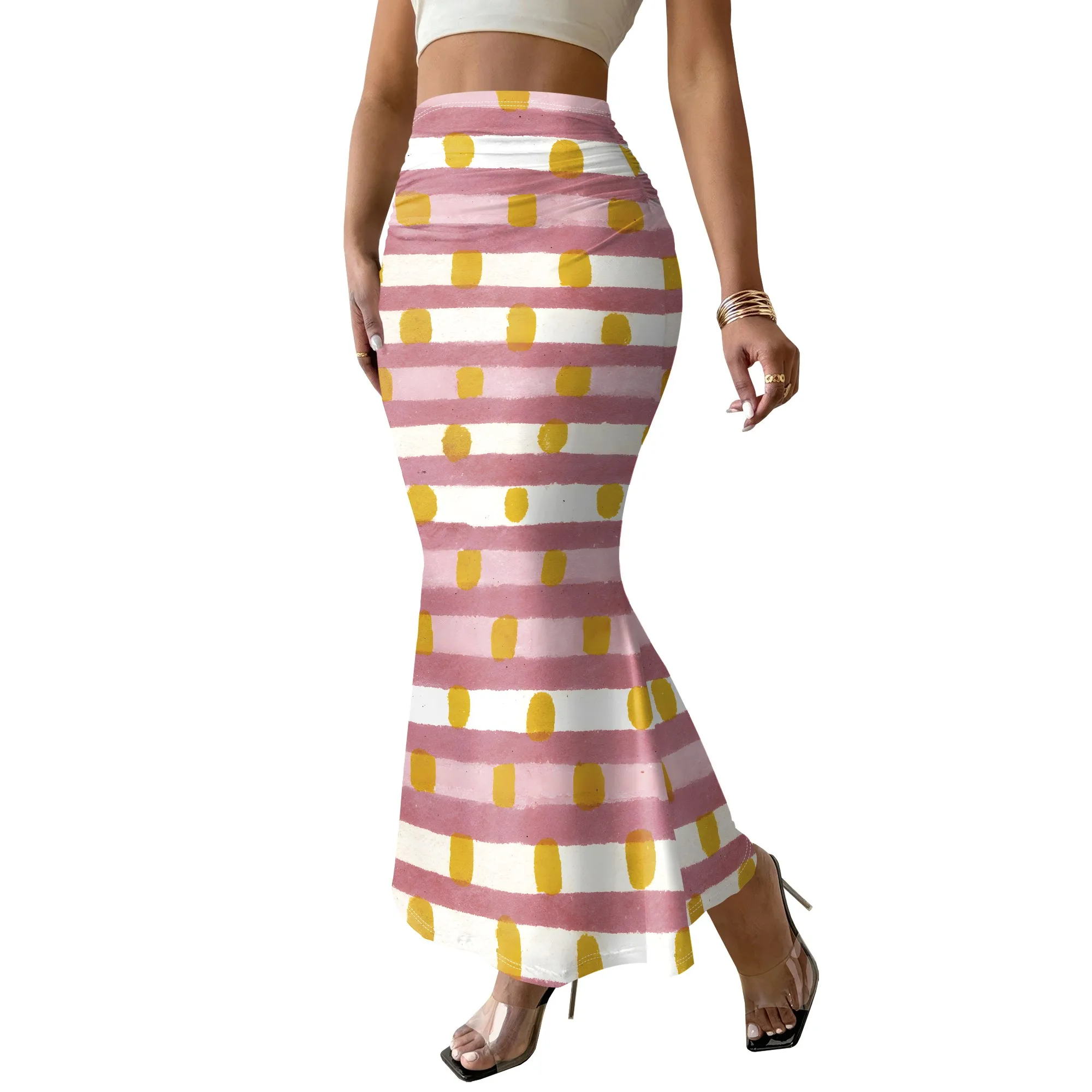 Striped Print Mermaid Skirt, Pink Yellow Stripe, High Waist Bodycon, Beach Party Wear, S-2XL