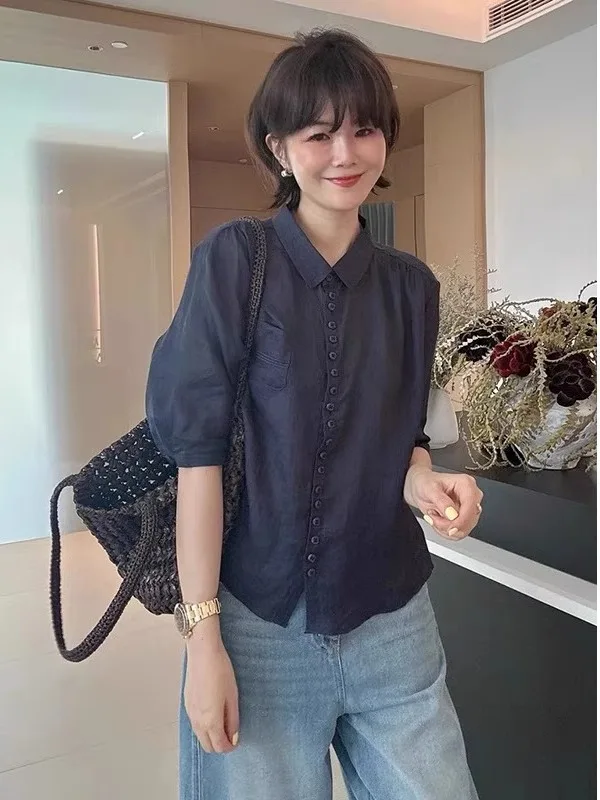 

Ele plus Size Ne ort Sve Хлопок и лен Свободный крой Летний женский удобный топ с тонким рукавом и животом