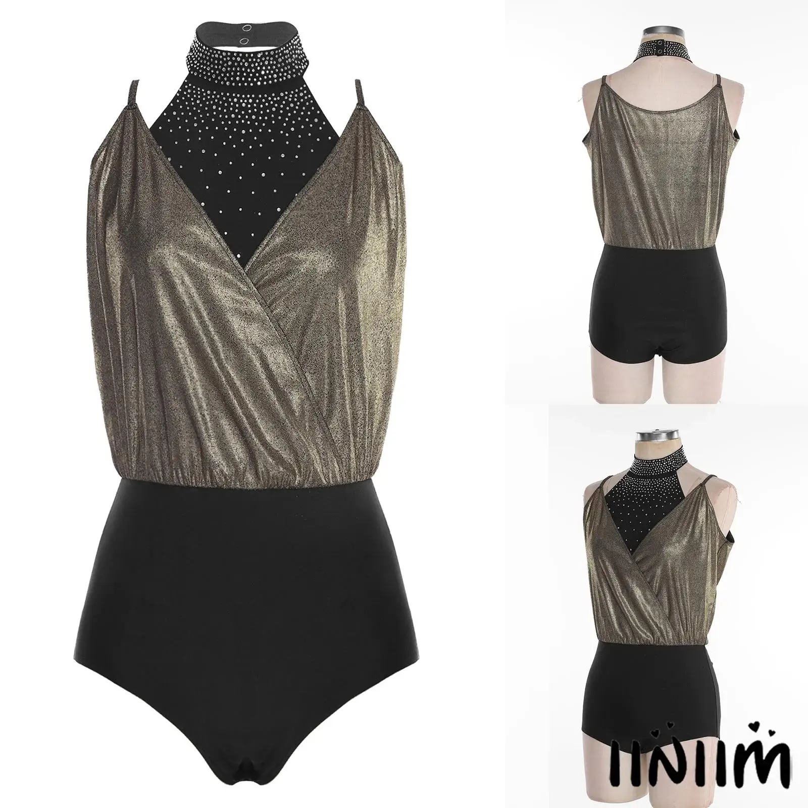 

Women’s Stretchy Wrap V-Neck Leotard Glittery Latin Dance Top Sparkly Rhinestones Salsa Cha-Cha Bodysuit Ballet Latin Dance Wear