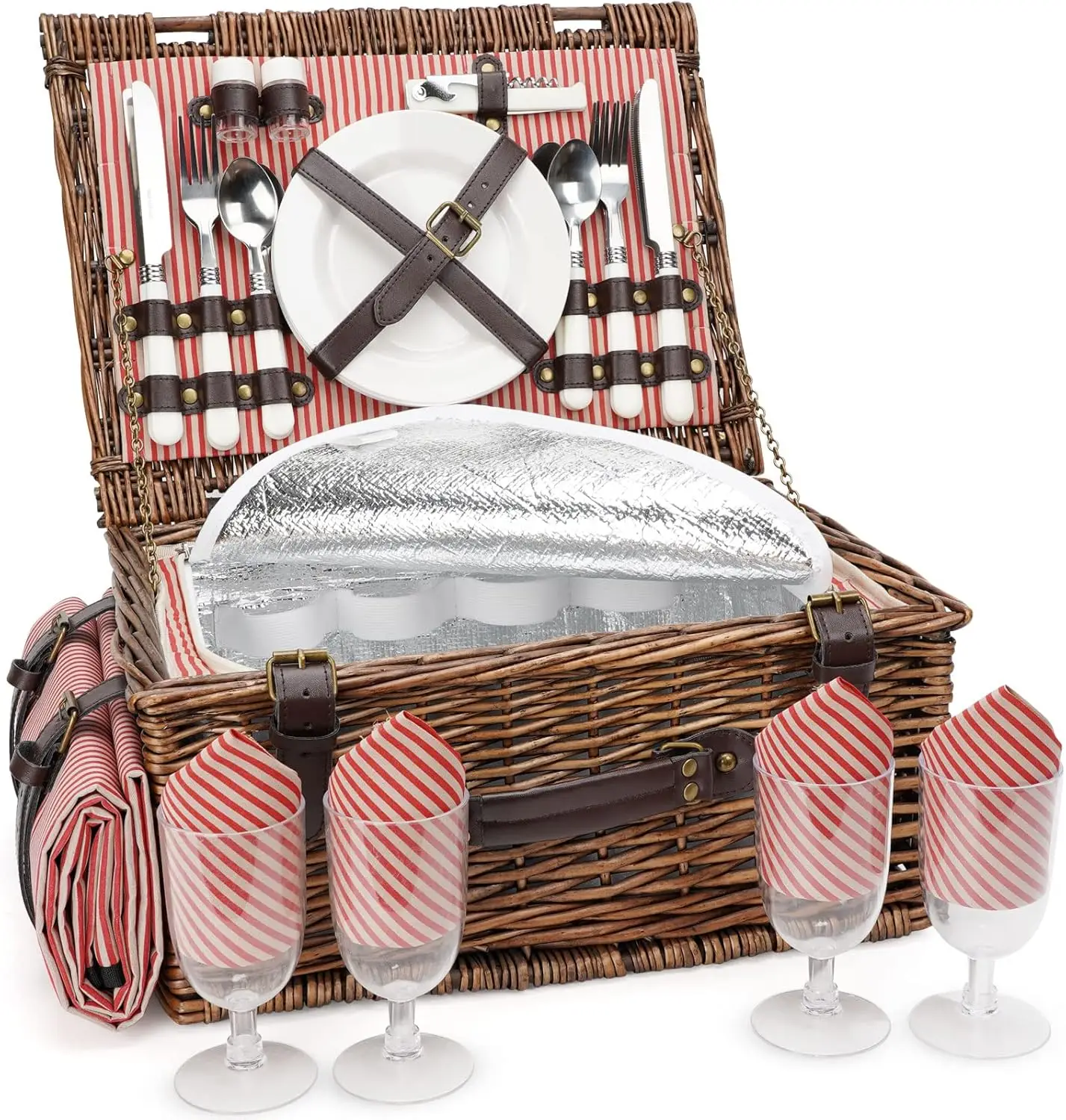 

Classic Wicker Picnic Basket Set for 4 with Cooler & Waterproof Blanket, Sand-Proof Beach Mat, Willow Hamper Gift Set