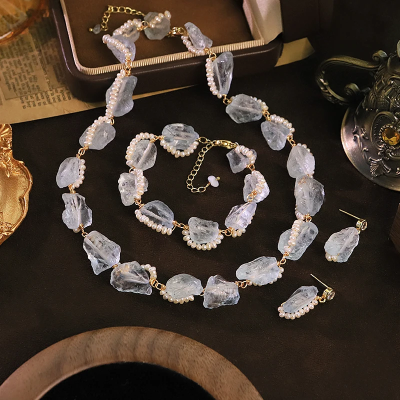 

Natural Freshwater Pearl Aquamarine Jewelry Set for Women Daily Banquet Pearl Jewelry Set Gift Beach Vacation Dainty Jewelry