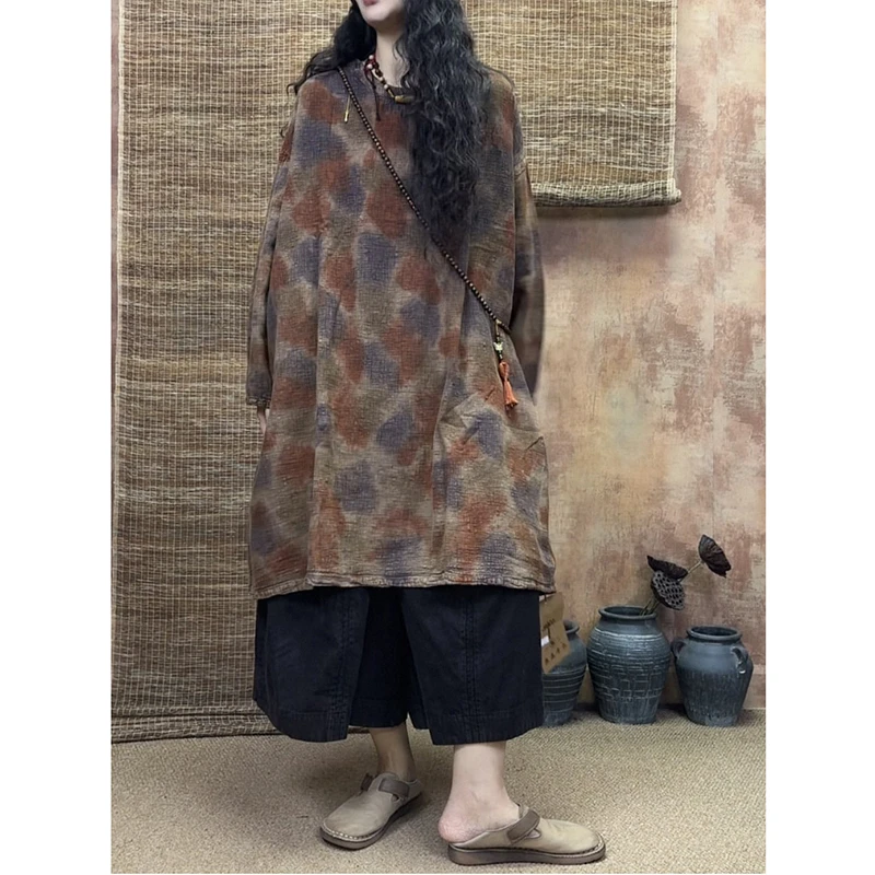 

2026 New Arrival Spring & Autumn Arts Style Women Loose Casual Tie Dye O-neck Blouse Good Quality Cotton Linen Long Shirt S159