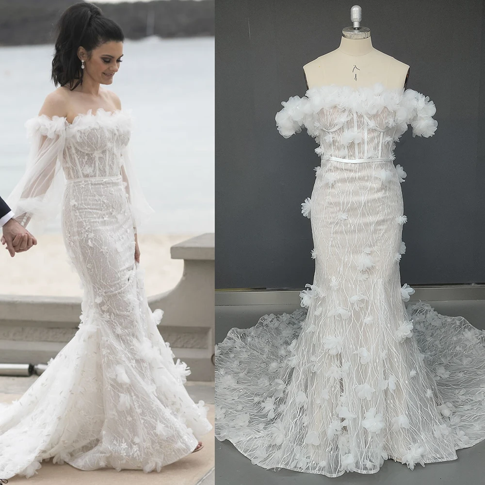 Vestido de boda de lujo con lentejuelas y hombros descubiertos, vestido de novia con escote Corazón, sirena, flores 3D, manga larga abullonada