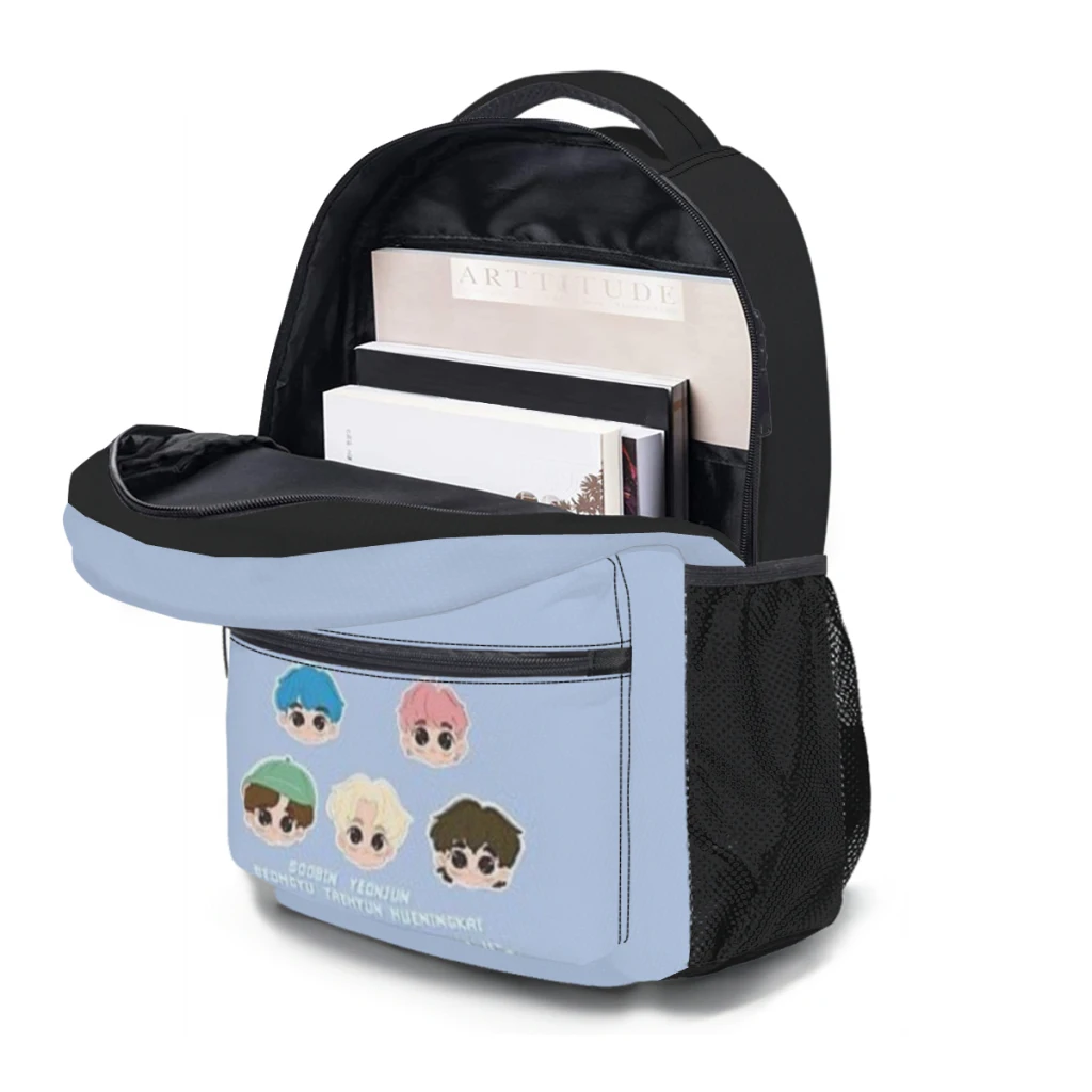 Chibi TXT Blue Hour fanart Mochila para meninos Mochila de estudante de grande capacidade Mochila de estudante do ensino médio de desenho animado 17 polegadas