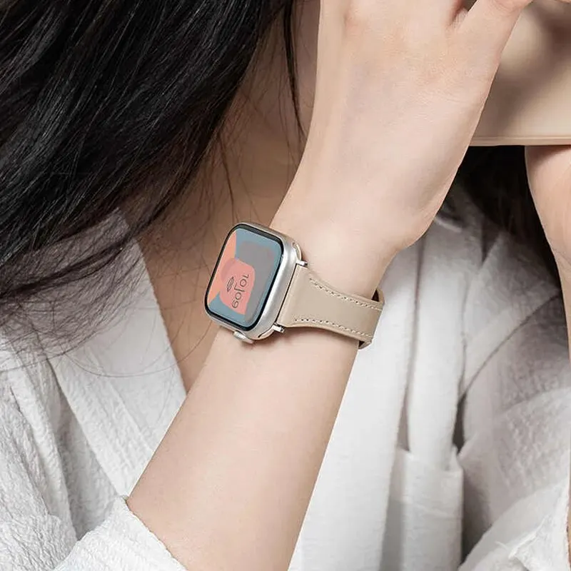 Slim Real Leather Band For Apple Watch 9 8 7 41/45mm Correa Girl Strap 40mm 44mm 38/42mm 49 Bracelet For IWatch Series SE 6 5 4