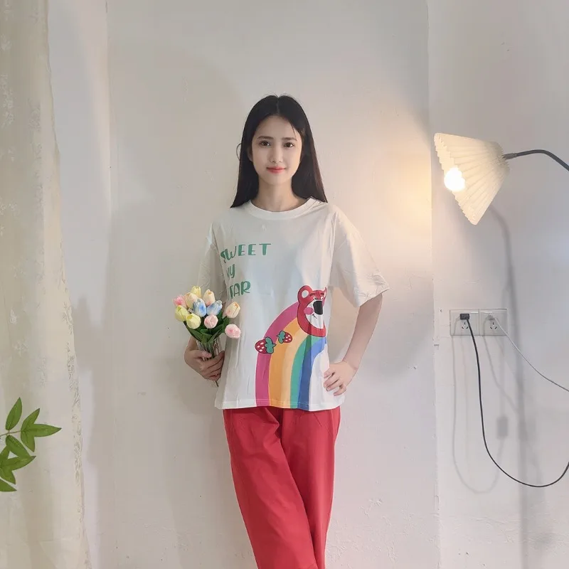 Pyjama à col rond ours fraise, ensemble pantalon à manches courtes, dessin animé Sanrio, doux et décontracté, vêtements de maison, printemps et été