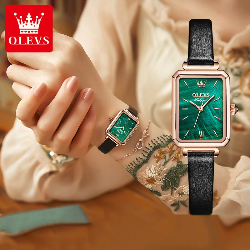 OLEVS-Montre à Quartz Verte avec Bracelet en Cuir pour Femme, Cadran Rectangulaire, Top Marque de Luxe, Nouvelle Mode