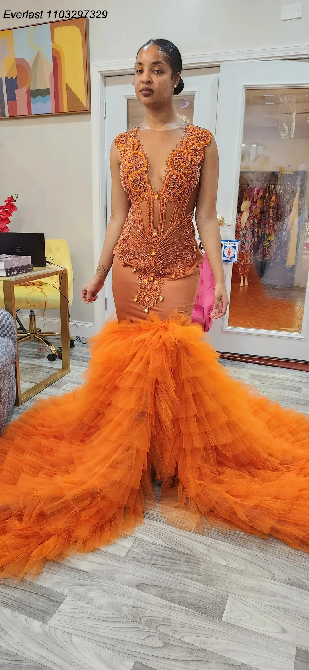 EVLAST Sparkly Glitter Ruffles Prom Dress for Black Girls See Through Orange Diamond African Birthday Party Gowns Women TPD66