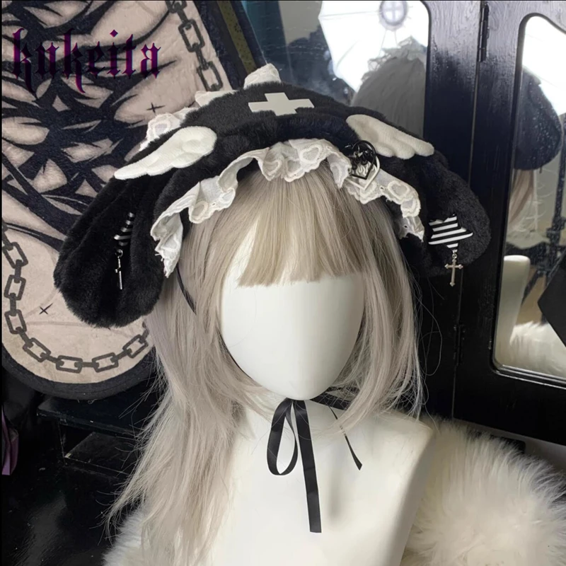 Kukeita Gothic Lolita Kawaii Lace Plush Rabbit Ear Hairband Headwear Women Girls Cosplay Party Hair Accessories