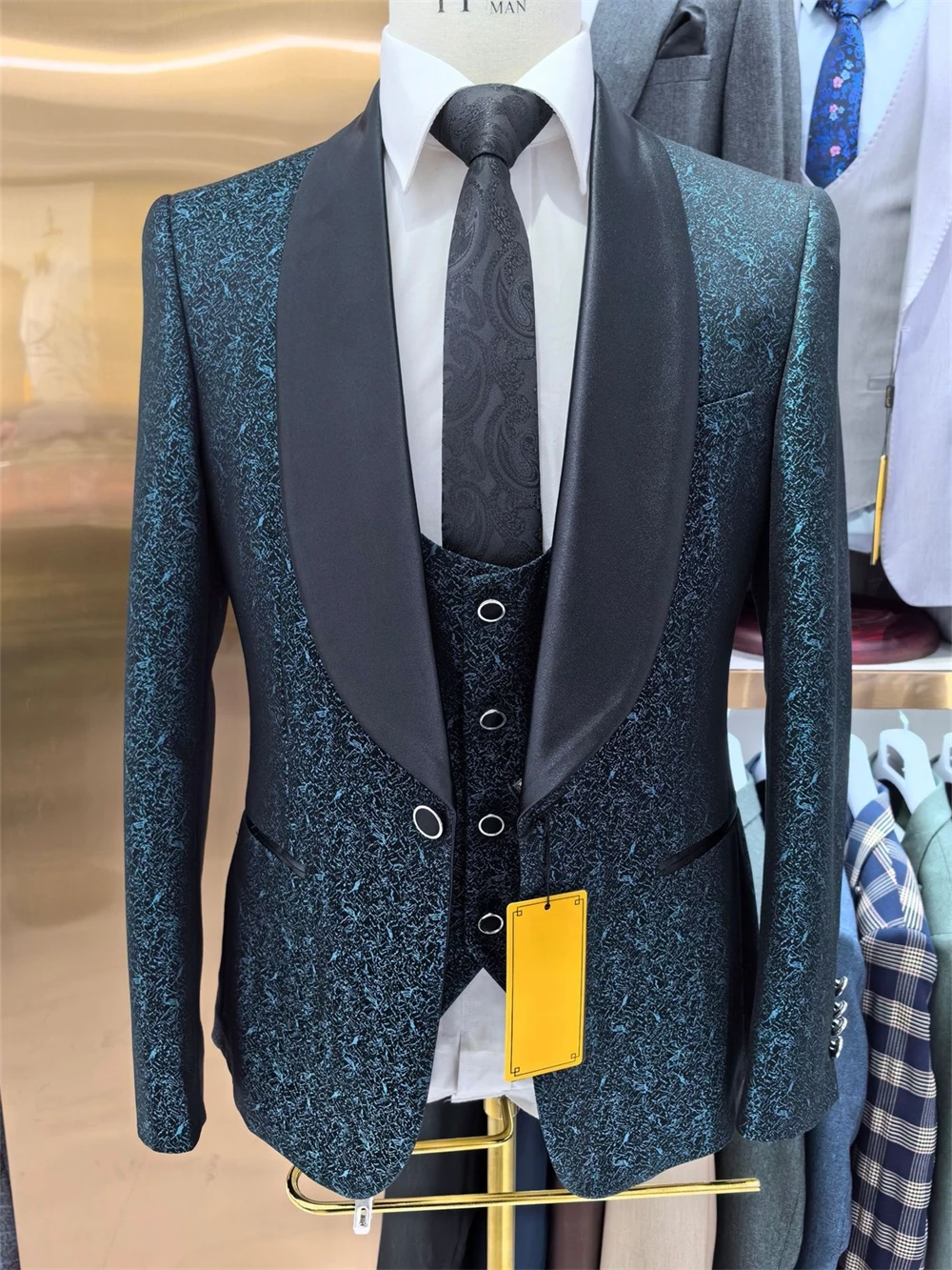 

Peacock Slim Fit Men's Formal Suit Set, 3 Pieces Including One Button Blazer, Matching Vest and Black Pants, Shawl Neck Tuxedo