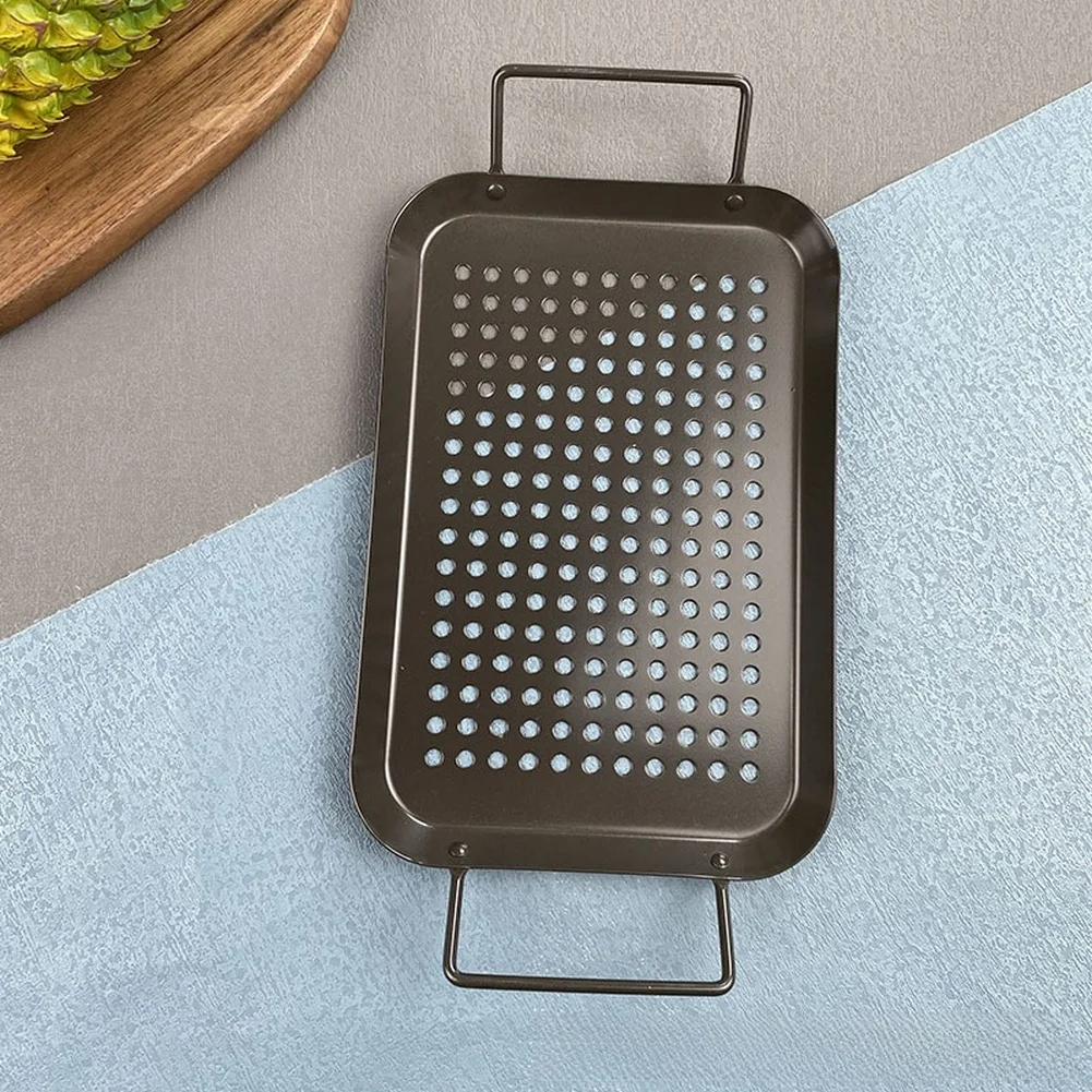 Carbon Steel BBQ Grill Pan with Handle for Indoor Outdoor Grilling Roasting Drainage Holes Ergonomic Grip Square Tray