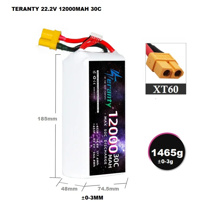 TERANTY 22.2V 6S 12000mah Lipo Battery 30C 22.2V 6S For Agriculture Plant Protection Drone Battery With XT90S QS8 Connector