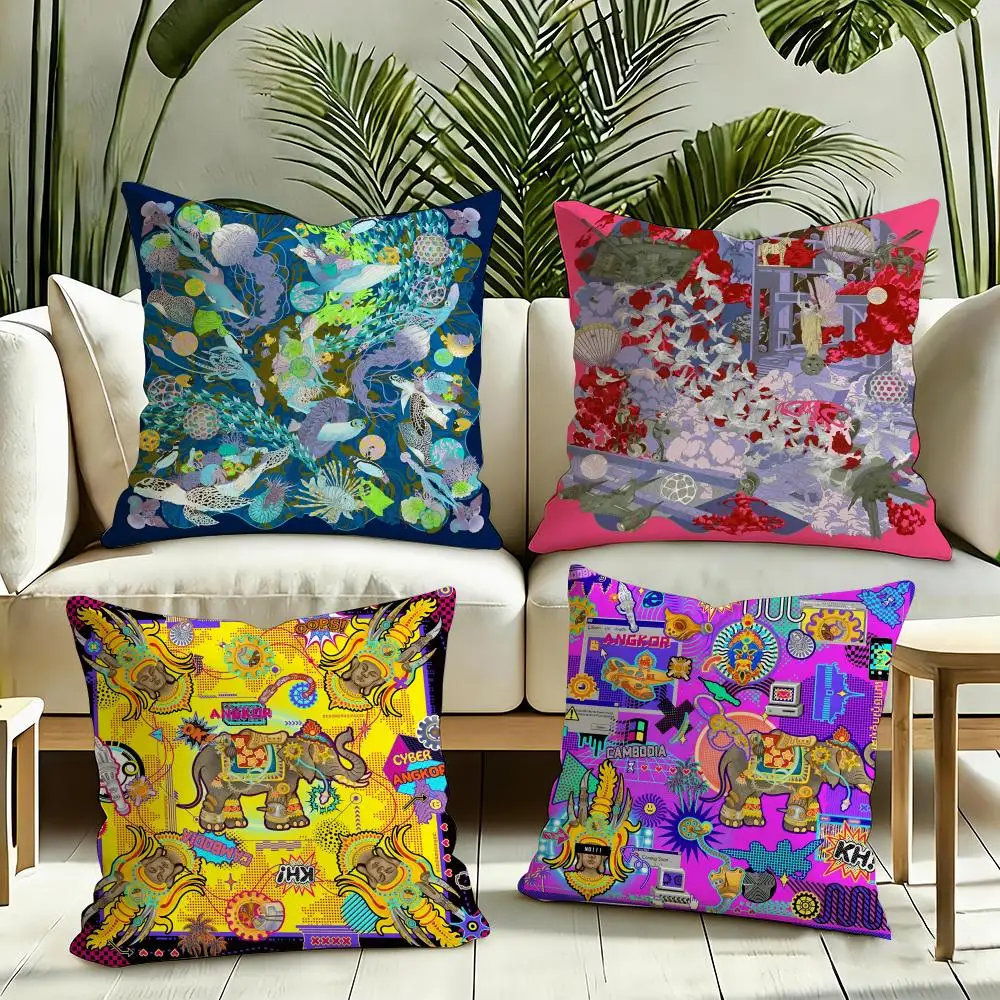 Cambodia Angkor Wat Graffiti Throw Pillow Covers Set, Colorful Elephant Tropical Pop Art Square Cushion Cases, Ethnic Street Art