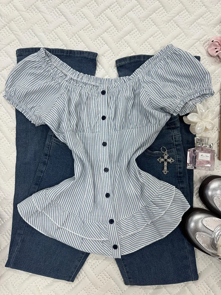 

Floral End Original Vintage Slimming Design Girl's ort Sve Striped Blue irt Summer 2025 Quali Cotton Blend Faionable