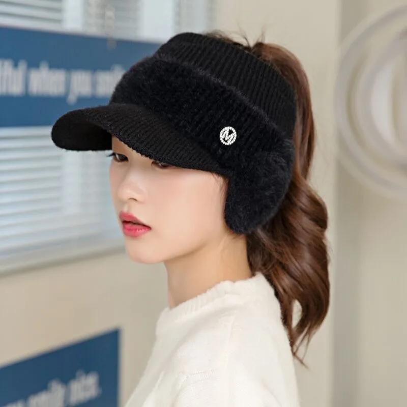 6colors Hollow Top Knitted Woolen Bomber Hat Ear Protection Thickened Warm Women's Fashion Baseball Hat Autumn Winter Woolen Cap