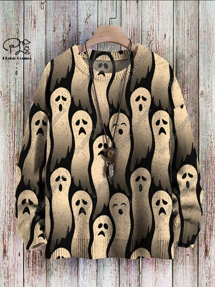 Halloween Custom Series Impressão 3D, Horror, Fantasma, Caveira, Bruxa, Gato Preto, Camisola Feia, Camisola Casual de Inverno, W-7