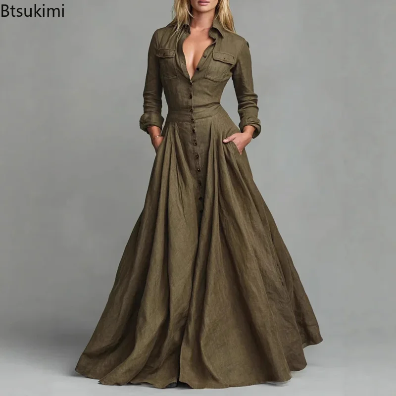 Modisches Freizeitkleid mit Umlegekragen und Knöpfen, Elegantes Einfarbiges Maxikleid mit Hoher Taille, Langes Swing-Kleid mit Langen Ärmeln und Taschen