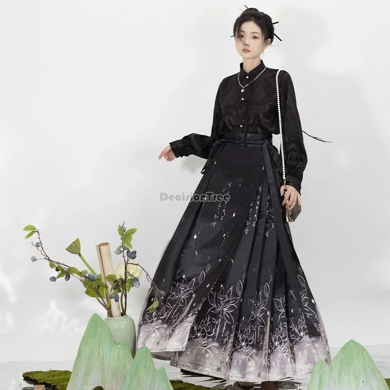 2024 chinese ancient folk dance temperament hanfu set fairy lotus printing horse face skirt improved daily ming dynasty hanfu