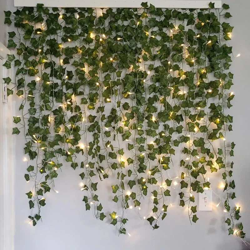 

2/5/10M Green Leaf Ivy Vine With LED Lights String Home Bedroom Decor Glowing Artifical Plant Garland Christmas Wedding Decor