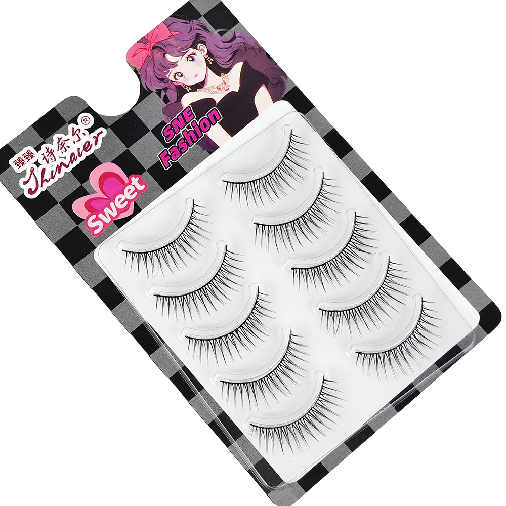 5 paia ciglia finte ciglia finte striscia giornaliera croce nera fascia sottile 7-10mm fumetto manga ciglia arricciate naturali forma cosplay L