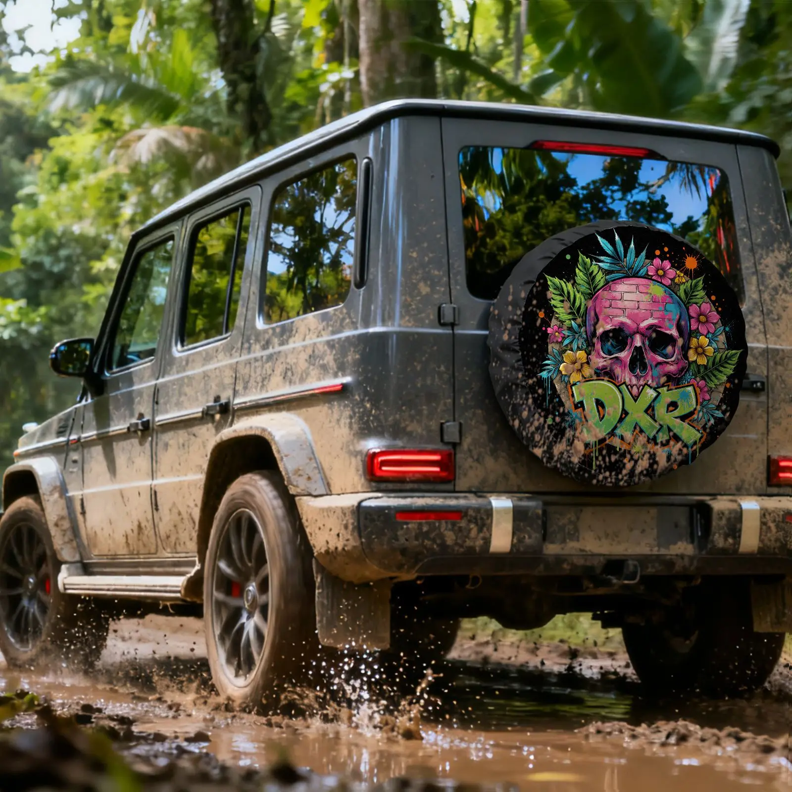 Black Background Graffiti Skull Pattern Tire Cover, Polyester Material, Street Art Style With DXR Lettering, Colorful, Fit For