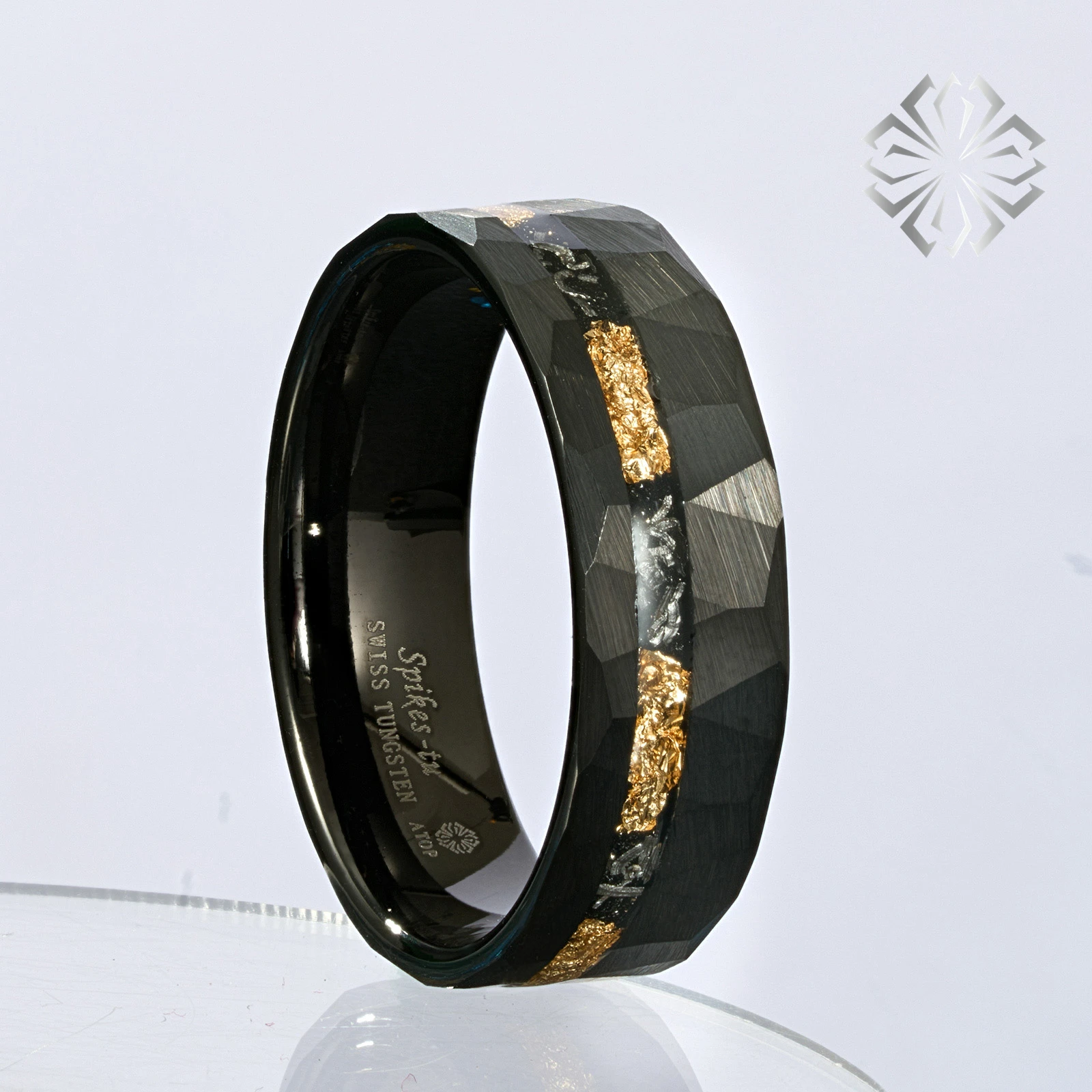 24K Gold Foil & Meteorite Black Faceted 8mm ATOP Jewelry Tungsten Ring